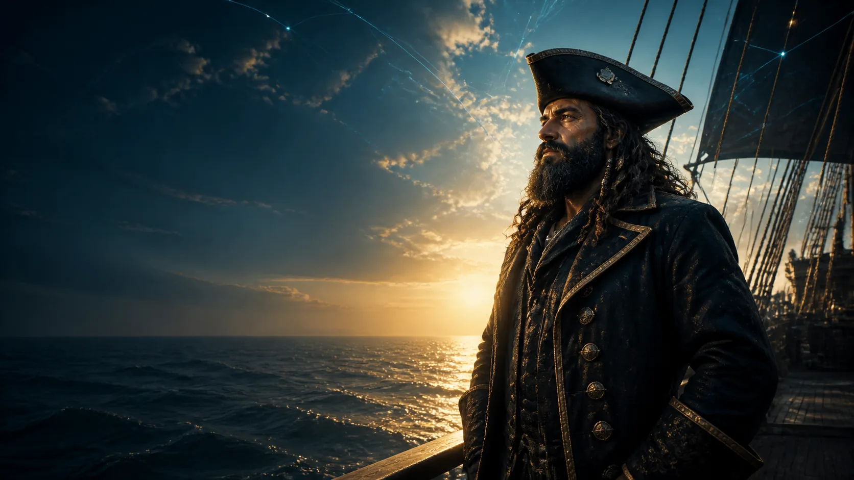 Blackbeard aboard his ship in the mist